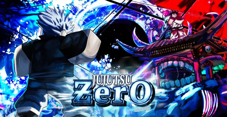 Jujutsu: Zero key visual of two sorcerers facing a cursed shrine under blue and red energy