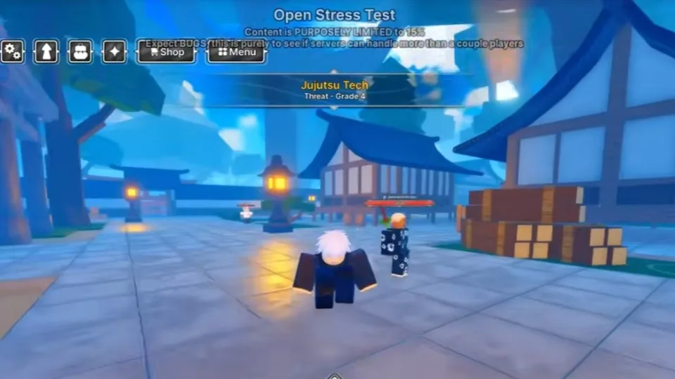 In-game Jujutsu: Zero street scene with a player character and an NPC quest giver