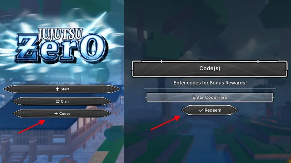 Jujutsu: Zero in-game codes menu with the game logo